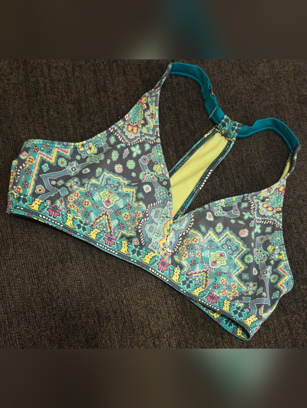 Title Nine Teal Yellow & Gray Patterned Racerback Bikini Top. Size L
